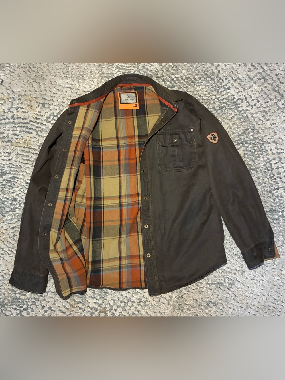 Legendary Whitetails Men's Brown Jacket with Orange Plaid Lining